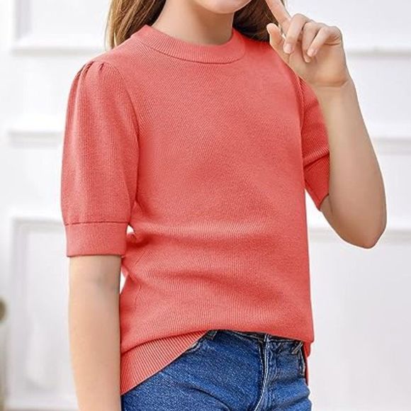 Girls Puff Short Sleeve Sweaters Crew Neck Pullover Knit Sweater Cute Ribbed - Picture 3 of 4